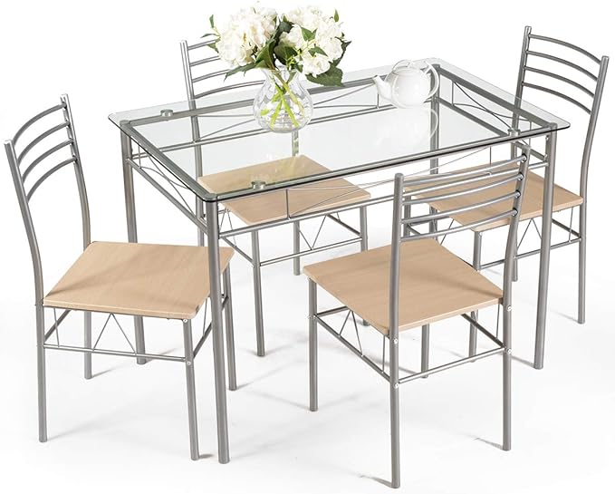 Living Room Furniture Giantex Giantex 5 Piece Dining Table Set, Kitchen Dining Set with Tempered Glass Table Top and 4 Chairs, Dinette Set for 4 for Breakfast Nook Dining Room Kitc