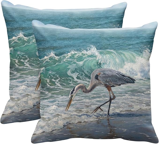 Living Room Decor Emvency Emvency Decorative Throw Pillow Cover Square Size 18x18 Inches Blue Heron Beach Sea Wave Watercolor Painting Cotton Decor Pillowcase with Hidden Zipper De