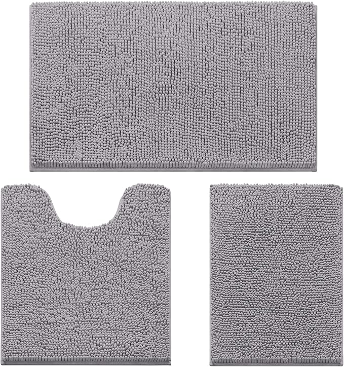 Bathroom Decor HOMEIDEAS HOMEIDEAS 3 Pieces Bathroom Rugs, Soft Thick Absorbent Chenille Bath Mats, Washable Non-Slip Floor Rugs for Shower & Bath, Grey