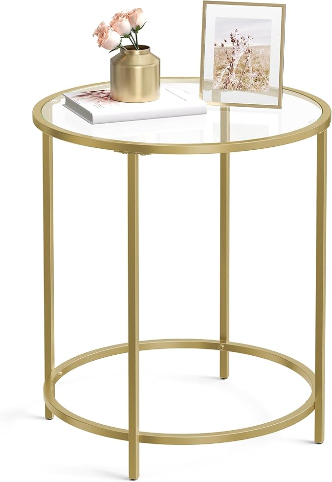 Living Room Furniture VASAGLE Round Side Table, Glass End Table with Metal Frame, Gold Coffee Table with Modern Style, for Living Room, Balcony, Bedroom, Gold Color