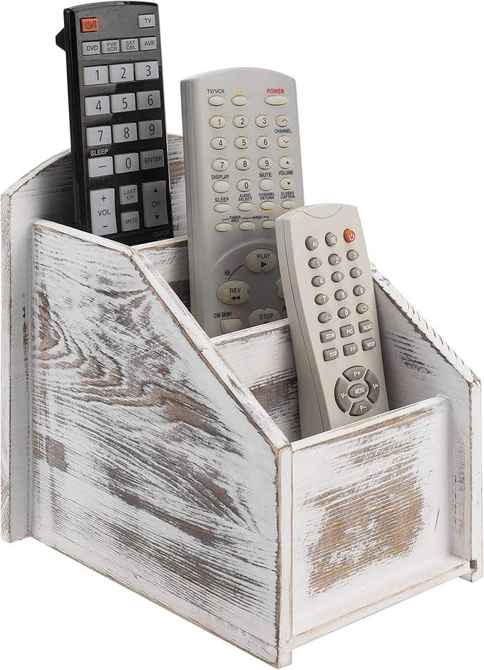 Living Room Furniture MyGift MyGift TV Remote Control Holder, Modern Farmhouse Decor, Whitewashed Wood Media Remote Caddy/Organizer/Storage Box with 3 Compartments, for Living Room