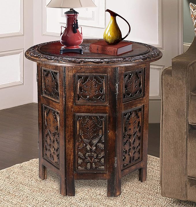 Living Room Furniture The Wooden Town Round Wood Coffee Table - 18” Carved Small Accent Side Table with Burnt Finish, Wooden Altar Table, 18” Round Top x 18” Height, Perfect End Ta