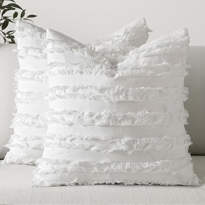 Bedroom Decor MIULEE MIULEE Set of 2 Decorative Boho Throw Pillow Covers Linen Striped Jacquard Pattern Spring Cushion Covers for Sofa Couch Living Room Bedroom 18x18 Inch White