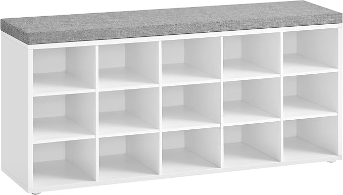 Bedroom Decor VASAGLE CUSTOS Collection - Shoe Bench, Storage Bench with Padded Seat, Entryway Bench with 15 Compartments, for Bedroom, 11.8 x 41.3 x 18.9 Inches, Cloud White and D
