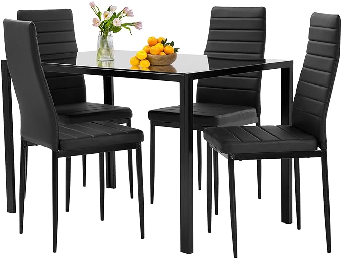 Living Room Furniture FDW FDW | 5-Piece Dining Table Set | Black | Glass Kitchen Table with 4 Upholstered Chairs and Faux Leather Cushions | Space-Saving and Modern Design | for Di