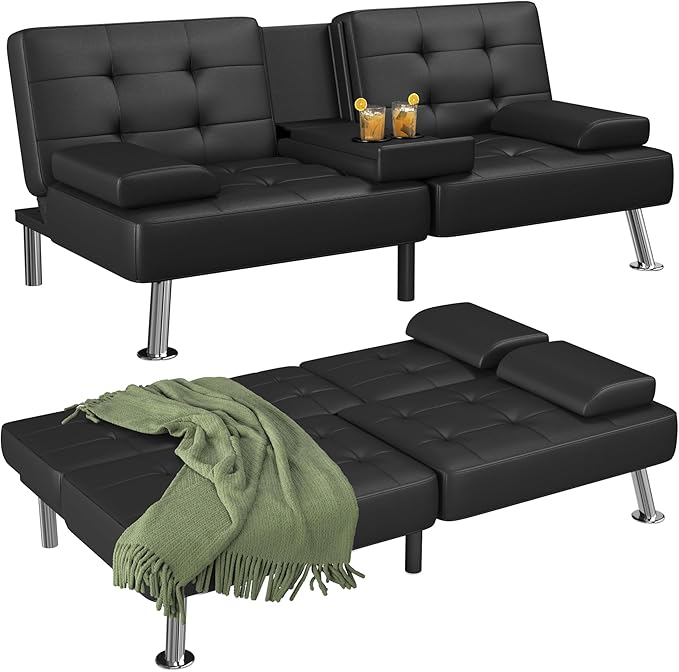 Living Room Furniture Flamaker Flamaker Futon Sofa Bed Modern Folding Futon Set Convertible Recliner Lounge for Living Room with 2 Cup Holders, Removable Armrests (PU Leather, Black)
