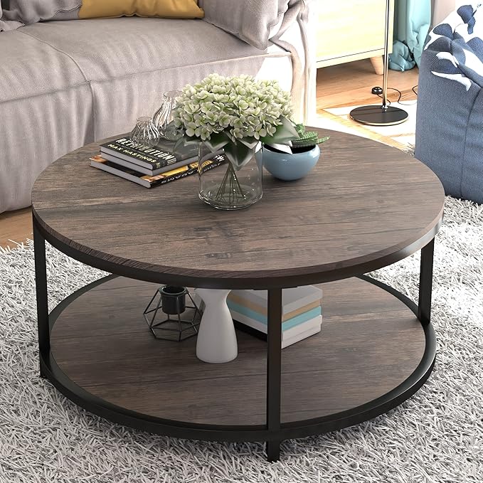 Living Room Furniture NSdirect NSdirect Round Coffee Table,36" Coffee Table for Living Room,2-Tier Rustic Wood Desktop with Storage Shelf Modern Design Home Furniture(Light Walnut)
