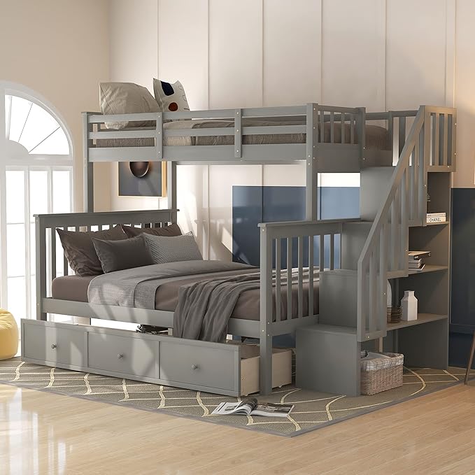Kitchen Furniture MERITLINE MERITLINE Twin Over Full Bunk Bed with 2 Drawers, Sturdy Wood Bunk Bed with Staircase Storage, Convertible Bunk Beds for Kids Teens Adults, Bedroom, Dor