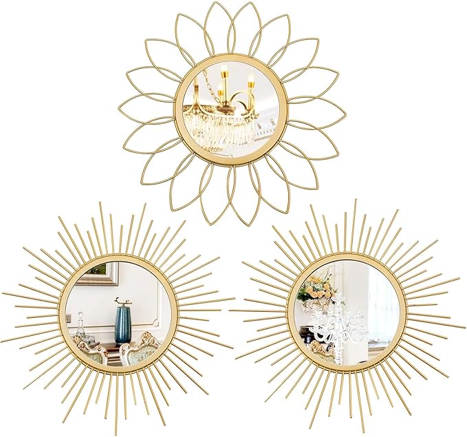 Living Room Furniture Uaussi 3 Pack Metal Mirrors for Wall Sunburst Wall Mirrors Home Décor Decorative Hanging Wall Art for Living Room Bedroom Entryway (Gold, Flower+Sunburst)