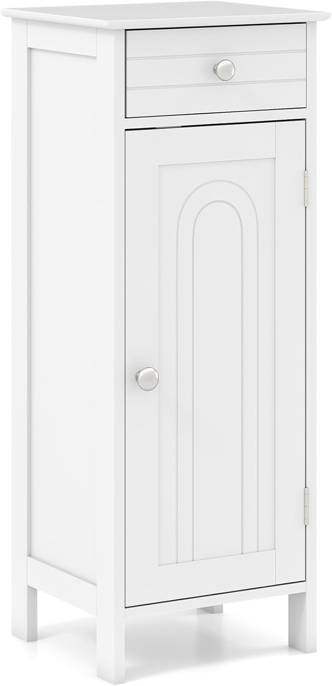 Kitchen Furniture Tangkula Tangkula Bathroom Floor Cabinet, Free-Standing Single Door Storage Cabinet with Drawer & 2 Adjustable Shelves, Wooden 14”L Narrow Side Storage Organizer 