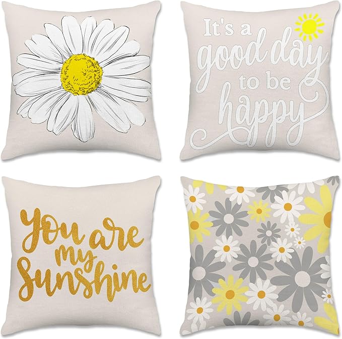 Living Room Decor Hexagram Hexagram Spring Summer Pillow Covers 18x18 Set of 4, Outdoor Floral Daisy Decorative Grey Throw Pillow Covers, You are My Sunshine Farmhouse Cushion Case