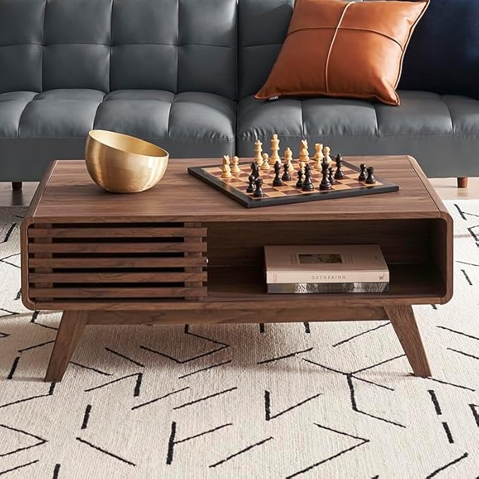 Living Room Furniture mopio mopio Ensley Dual-Side Storage Coffee Table – Mid Century Modern Fluted Wood Table with 4 Compartments for Living Room Organization, Curved Safety Edges