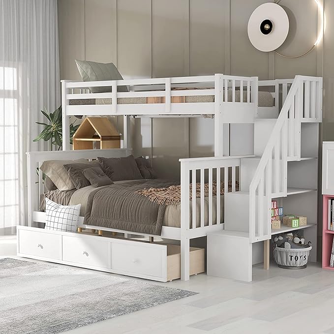 Kitchen Furniture Harper & Bright Designs Twin Over Full Bunk Bed with 3 Drawers and Staircase,Can be Separated into 2 Beds,Wood Floor Bunk Bed Frame with Storage Shelf and Full-Le