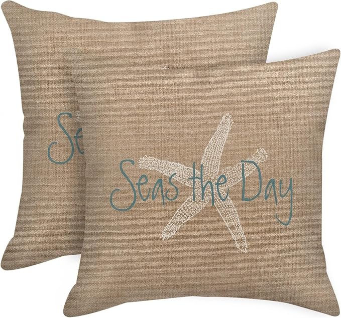 Living Room Decor Emvency Emvency Set of 2 Linen Throw Pillow Cover Seas The Day Vintage Beach Starfish Canvas Look Coastal Decorative Pillow Case Whimsical Home Decor Rectangle Qu