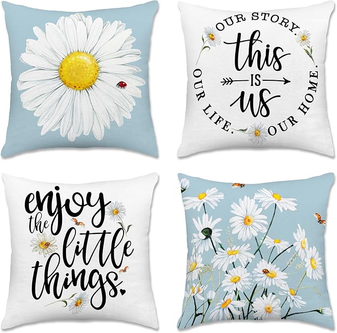 Living Room Decor Hexagram Hexagram Spring Summer Pillow Covers 18x18 Set of 4, Floral Daisy Outdoor Decorative Throw Pillow Covers, Blue Farmhouse Cushion Case for Couch Sofa Livi