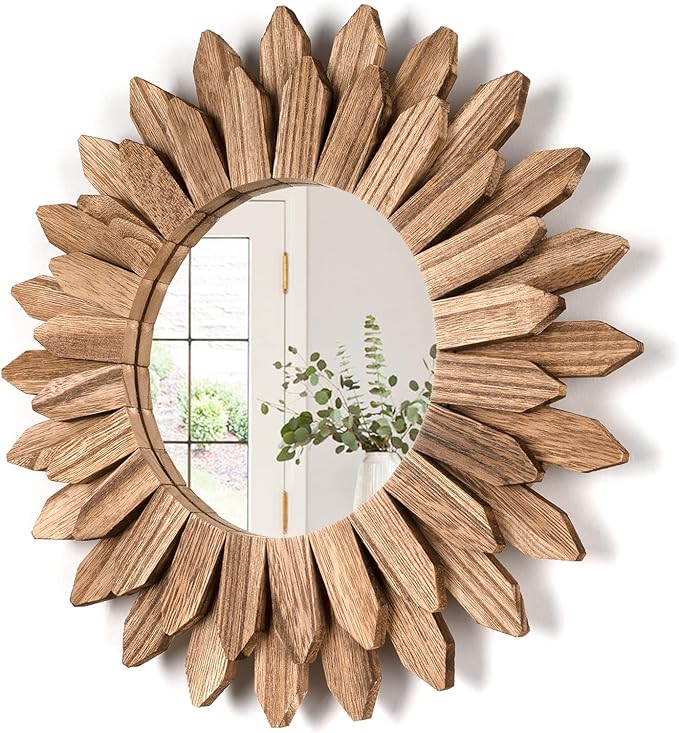 Living Room Furniture Honiway Wall Mirror Decorative 12 inch Rustic Wood Mirror Sunburst Boho Mirror for Entryway Bedroom Living Room Bathroom House Warming Gifts New Home