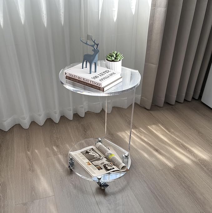 Living Room Furniture ONELUX C-Shaped Round Acrylic Side Sofa Table on Wheels,Clear Rolling Decoration Table for Living Room or Bedroom