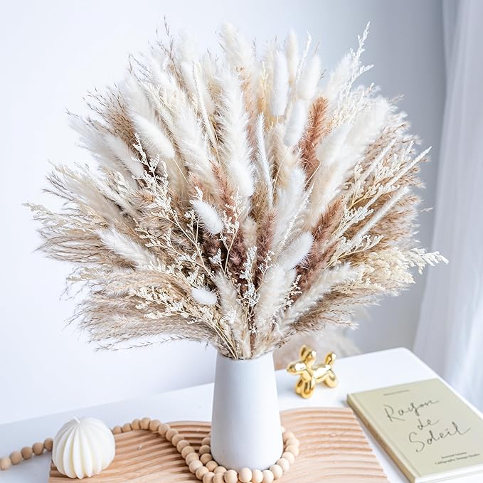 Bedroom Decor WILD AUTUMN 96PCS Natural Dried Pampas Grass Boho Home Decor Bouquet Phragmites Dried Flowers Bouquet for Wedding Floral Arrangements Home Decorations (96PCS)