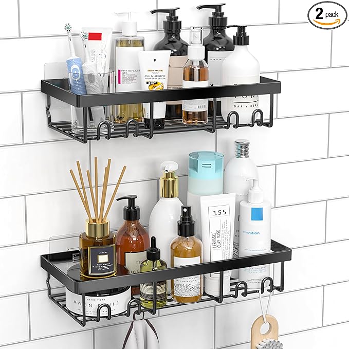 Bathroom Storage Moforoco Moforoco Shower Caddy Shelf Organizer Rack, Self Adhesive Black Bathroom Shelves Basket, Home Farmhouse Wall Inside Organization and Storage Decor Rv Acce
