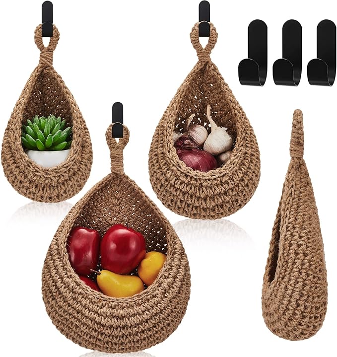 Kitchen Decor Honeydak Honeydak Boho Decor Hanging Wall Baskets for Kitchen 3 Pack Teardrop Baskets with Hooks Storage Fruit Onion Vegetable Potato for Home 3 Sizes(Linen,Teardrop,