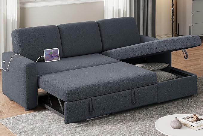 Living Room Furniture Yaheetech Sectional Sofa L-Shaped Sofa Couch Bed w/Chaise & USB, Reversible Couch Sleeper w/Pull Out Bed & Storage Space Living Room Dark Gray, 51.5D X 80.5W 