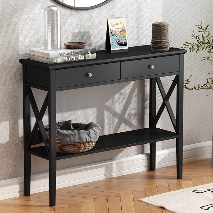 Living Room Furniture ChooChoo ChooChoo Console Table with Drawers, Narrow Wood Accent Sofa Table Entryway Table with Storage Shelf for Entryway, Front Hall, Hallway, Living Room, 