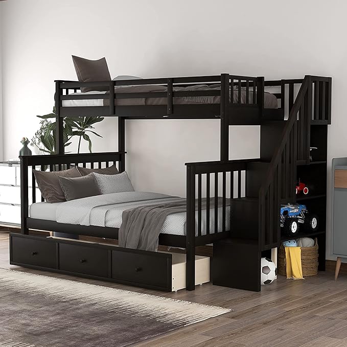 Kitchen Furniture Harper & Bright Designs Twin Over Full Bunk Bed with 3 Drawers and Staircase,Can be Separated into 2 Beds,Wooden Floor Bunk Bed Frame with Storage Shelf and Safet