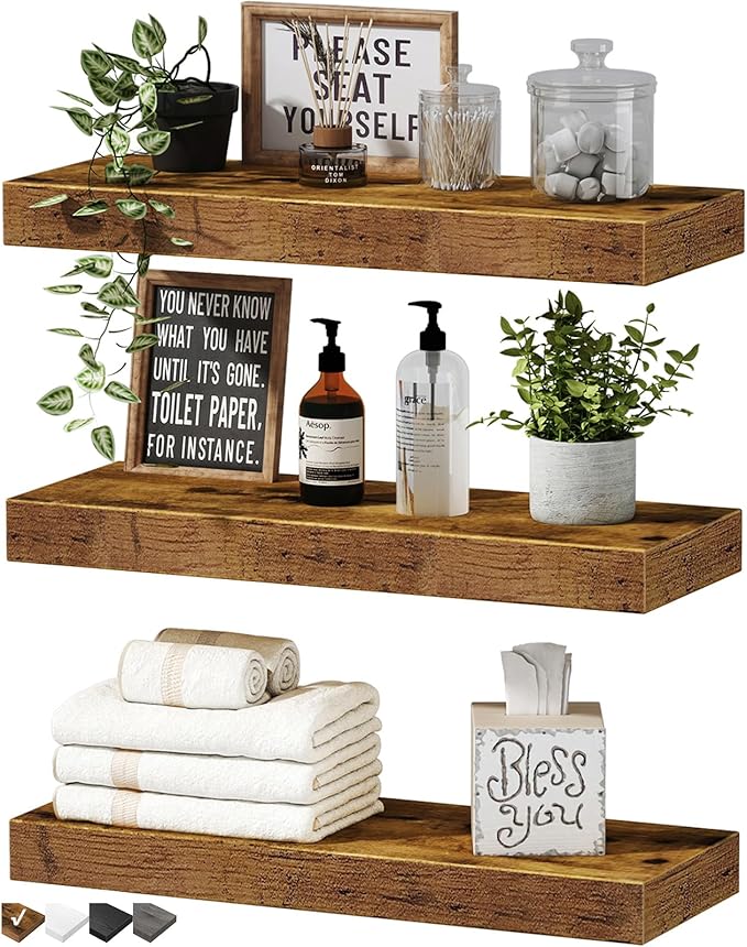 Living Room Furniture QEEIG QEEIG Floating Shelves for Wall Bathroom Shelf Bedroom Kitchen Living Room Hanging Book Shelves Small Farmhouse Decor 16 inch Set of 3, Rustic Brown (01