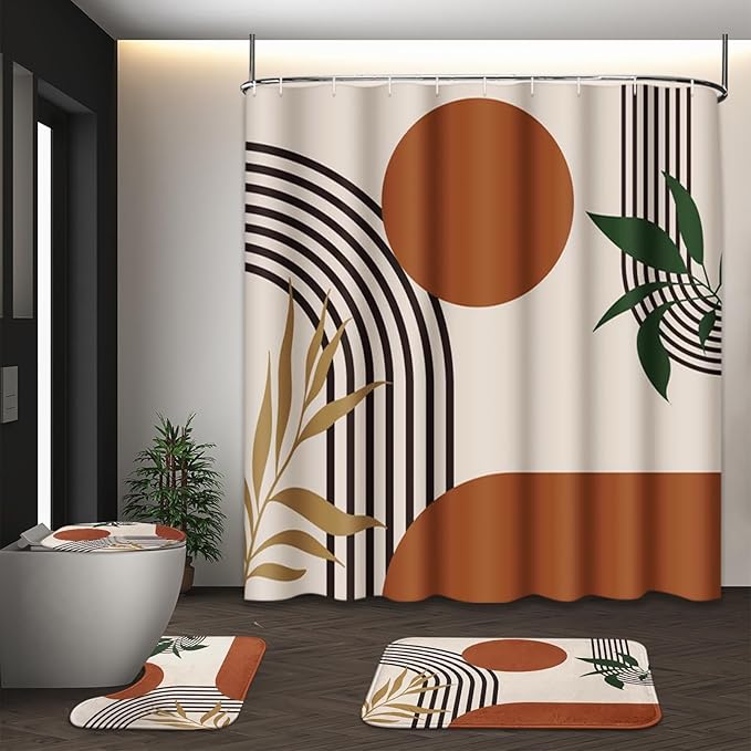 Bathroom Storage Tayney Boho Mid Century Shower Curtain Set with Toilet Lid Cover and Non-Slip Rugs, Abstract Geometric 4 Pcs Modern Minimalist Shower Curtain for Bathroom Set with