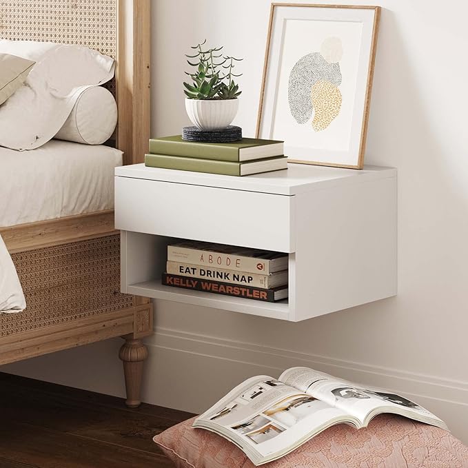 Bedroom Furniture Nathan James Jackson Wall Mounted Floating Bedroom Nightstand with Storage Drawer and Modern Open Shelf Cubby, White