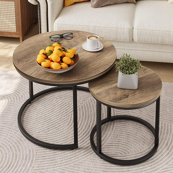 Living Room Furniture Smuxee Smuxee Nesting Coffee Table Set of 2, 23.6" Round Coffee Table Wood Grain Top with Adjustable Non-Slip Feet, Industrial End Table Side Tables for Livin