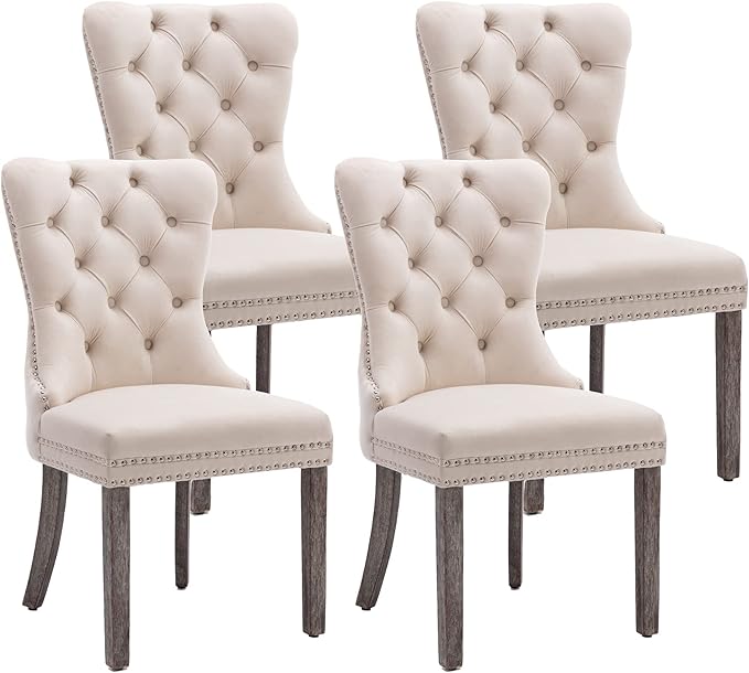 Bedroom Furniture KCC KCC Velvet Dining Chairs Set of 4, Upholstered High-end Tufted Dining Room Chair with Nailhead Back Ring Pull Trim Solid Wood Legs, Nikki Collection Modern St