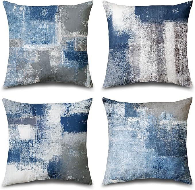 Living Room Decor Balaena Set of 4 Blue and Grey Abstract Art Artwork Pillow Cover 18 x 18 Inch, Gallery Modern Decorative Throw Pillows Cushion Cover for Bedroom Sofa Living Room