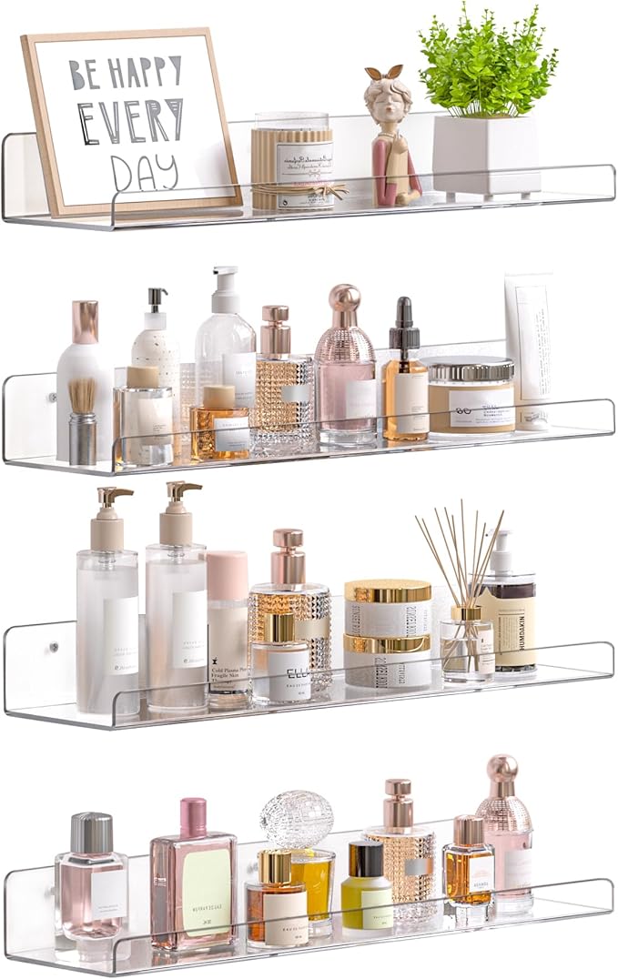 Bathroom Furniture upsimples upsimples Acrylic Shelves for Bathroom Storage, 15" Floating Shelves Wall Organizer for Perfume, Make up, Skincare, Kids Bookshelf for Bedroom, Nursery