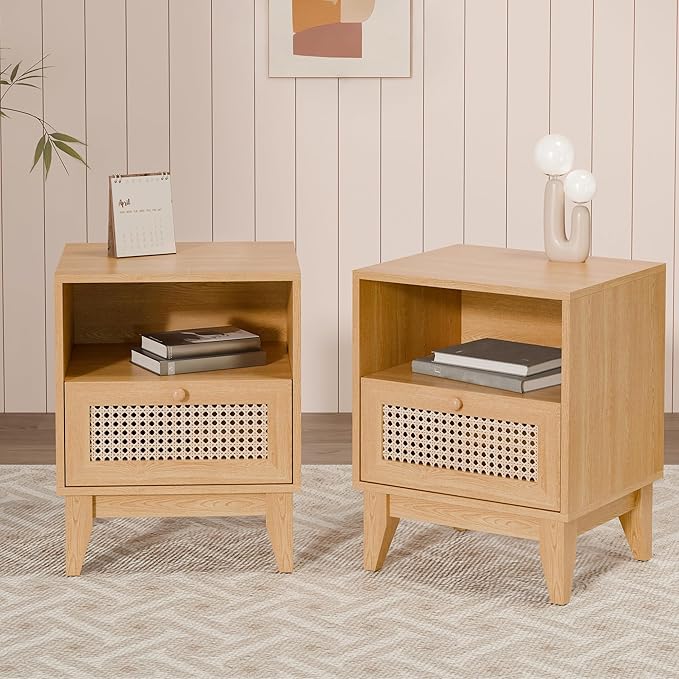 Bedroom Furniture Betterhood Betterhood Rattan Nightstand Set of 2, Bedroom Nightstands Set of 2, Boho Bedside Table, Wood Night Stand with Open Shelf, Set of 2 Nightstands, Nightstand with Drawers