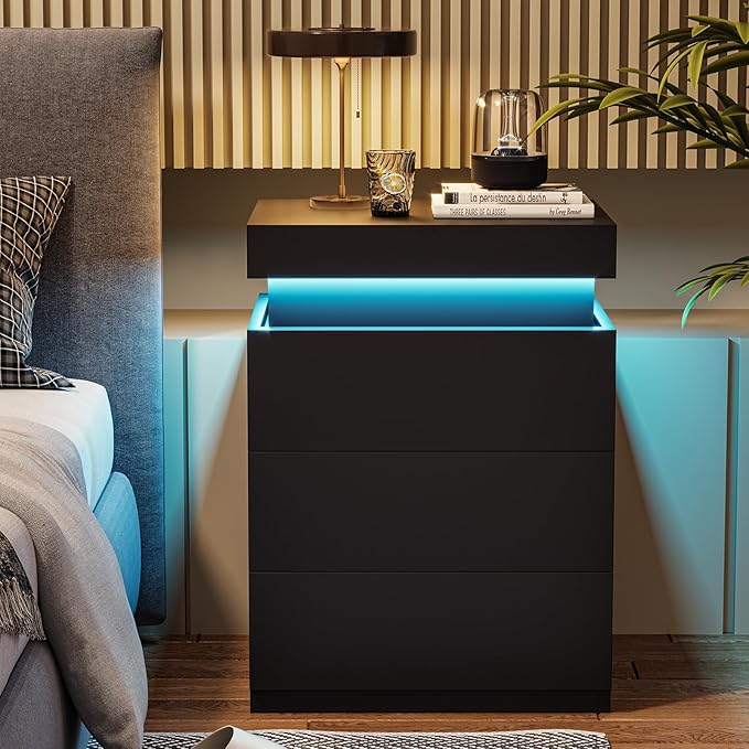Bedroom Furniture ADORNEVE ADORNEVE Nightstand with Charging Station and LED Lights,Night Stand with Sliding Top,Bedside Table with Drawers,Modern End Side Table for Bedroom,Black