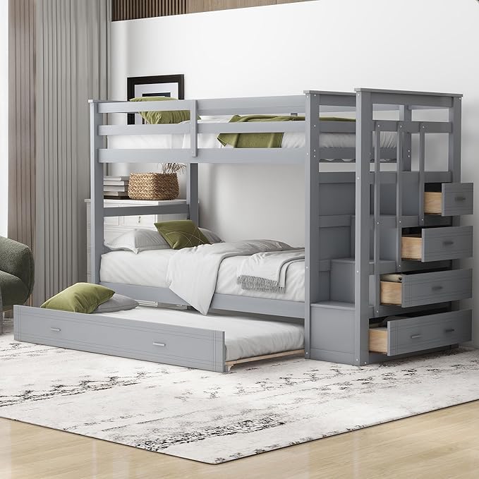Kitchen Furniture Bellemave Bellemave Twin Over Twin Bunk Bed with Twin Size Trundle, Solid Wood Bunk Beds with 4 Storage Drawers, Staircase and Safety Guard Rail, No Box Spring Ne