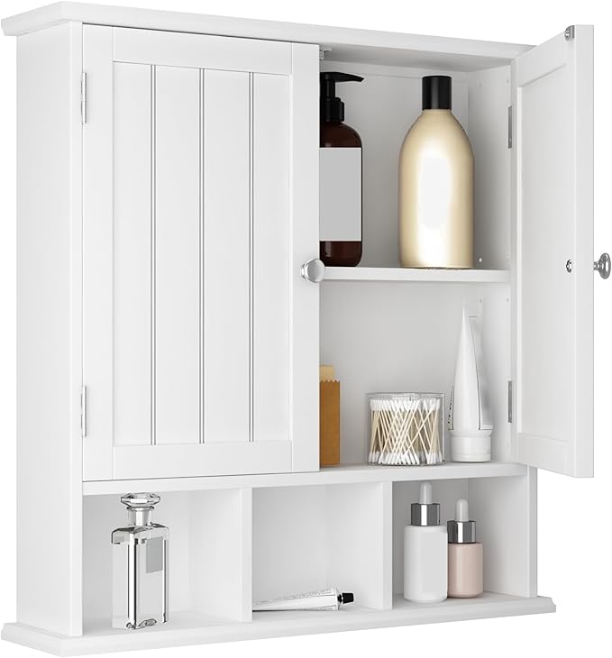 Bathroom Furniture ChooChoo ChooChoo Bathroom Cabinet Wall Mounted 2-Door with 3 Open Shelves, Wooden Medicine Cabinets with Adjustable Shelf, Space Saver Storage Cabinets Over The Toilet