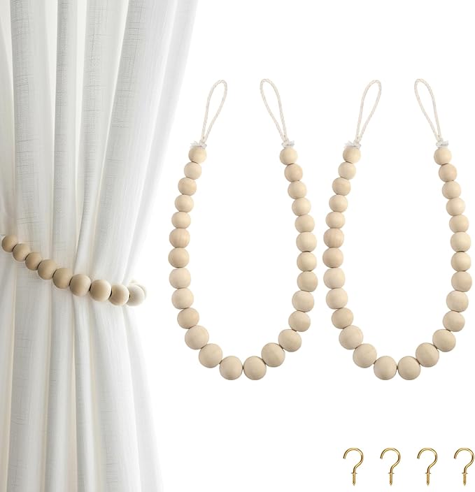 Bedroom Decor Hion Hion 2 Pcs Boho Curtain Tiebacks,Wood Beads Curtain Holdbacks,Outdoor Farmhouse Tie Backs for Curtains,Curtain Holders for Drapes Home Office Decor with Hooks(Wo