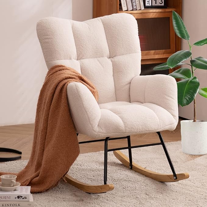 Living Room Furniture NIOIIKIT NIOIIKIT Nursery Rocking Chair Teddy Upholstered Glider Rocker Rocking Accent Chair Padded Seat with High Backrest Armchair Comfy Side Chair for Livi