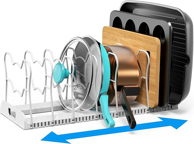 Kitchen Organisation Simple Houseware Simple Houseware Expandable Pan Organizer Rack, 10 Adjustable Compartments, White - Kitchen Cabinet Organizer for Pots, Pans, Lids & Bakeware 