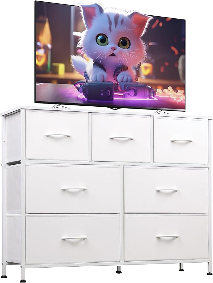 Bedroom Furniture WLIVE WLIVE 7 Drawer Dresser TV Stand, Dressers for Bedroom, Fabric Storage Tower, Hallway, Entryway, Closets, Sturdy Steel Frame, Wood Top, Easy Pull Handle, Whi