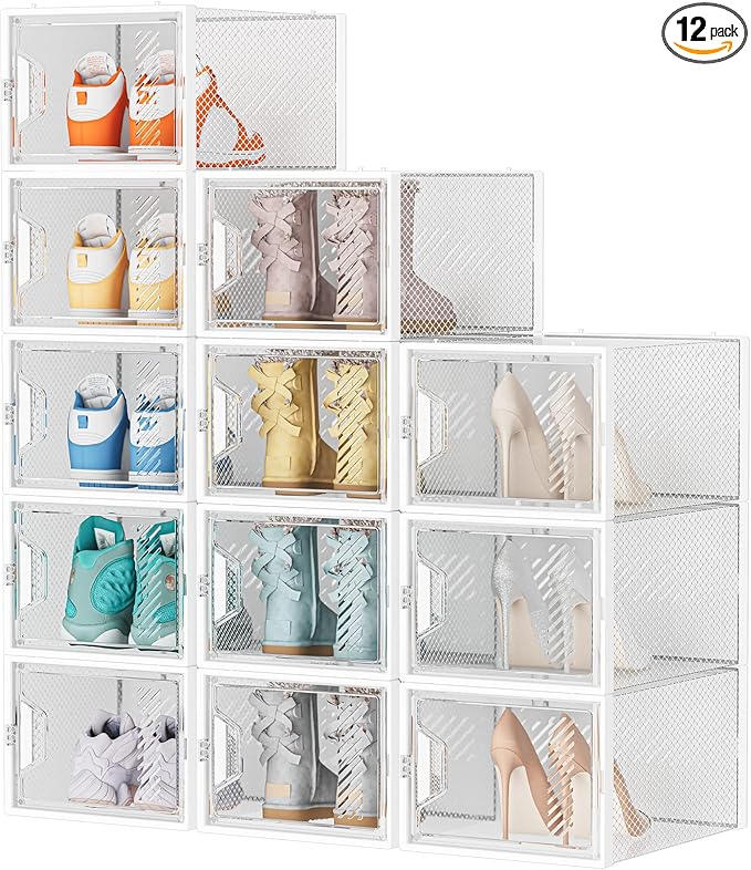 Bathroom Storage SIMPDIY Shoe Storage, 12 Pack X-Large Shoe Organizer for Closet, Shoe Boxes Clear Plastic Stackable Shoe Storage Boxes for Size 13