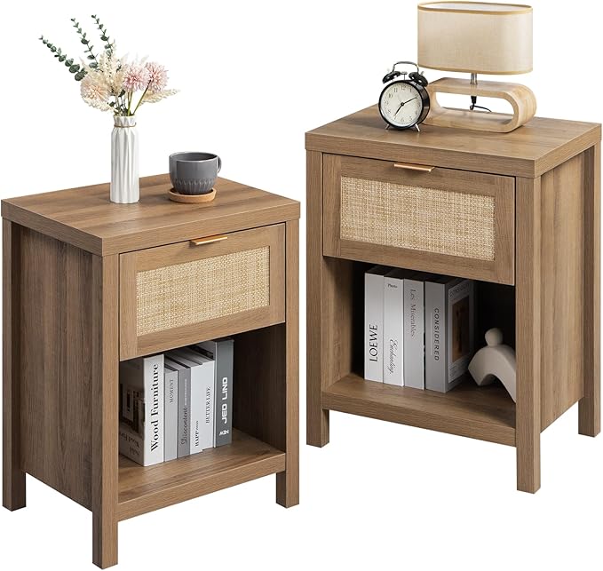 Bedroom Furniture SICOTAS SICOTAS Rattan Nightstands Set of 2 - Farmhouse Night Stand with Drawer and Storage Shelf - Boho Bedside Table End Side Table for Bedroom, Oak