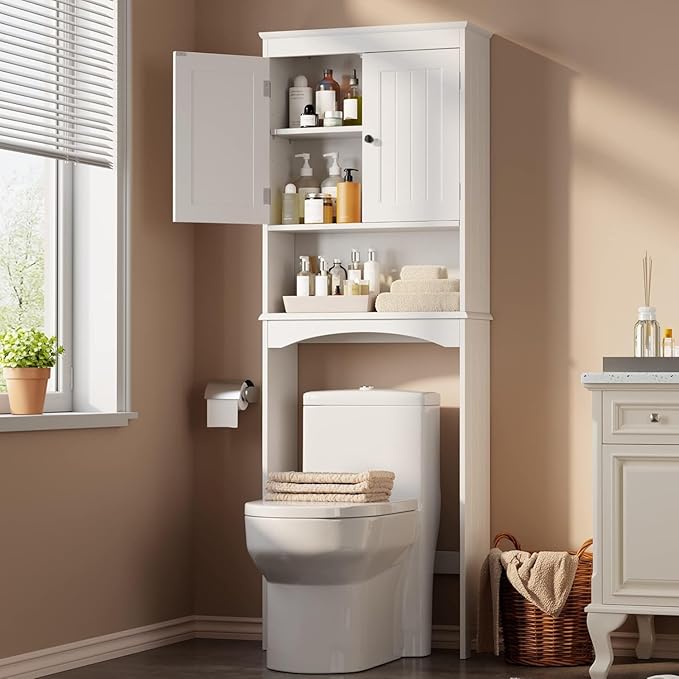 Bathroom Furniture Gizoon Gizoon Over the Toilet Storage Cabinet with Adjustable Shelf and Double Doors, Bathroom Space Saver Organizer Above Toilet with Open Shelf, Taller Wooden 