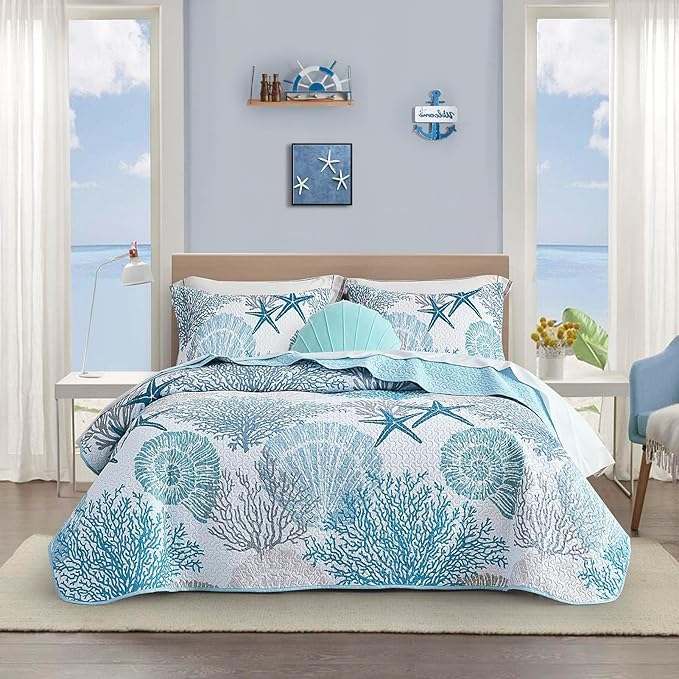 Bedroom Decor Tritard Tritard 3 Piece Coastal Quilt Sets Full/Queen Size - Reversible Microfiber Quilts with 2 Shams Soft Lightweight Beach Bedding Nautical Bedspread Coverlet Summ