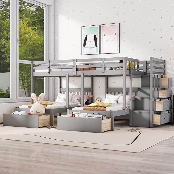 Kitchen Furniture Harper & Bright Designs Harper & Bright Designs L Shaped Bunk Bed Full Over Twin Over Twin for 3, Triple Bunk Beds Frame with Storage Drawers and Staircase, Savin