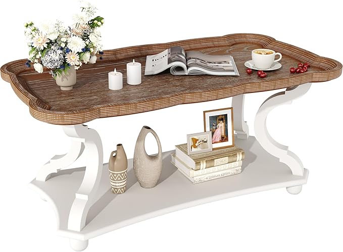 Living Room Furniture Function Home Function Home Farmhouse Coffee Table, 2-Tier Center Table with Storage Shelf, 39.8" French Country Rectangle Accent Table with Natural Tray Top 