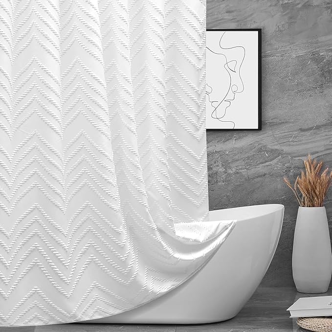 Bathroom Storage TURKIO White Boho Fabric Shower Curtain 72 x 72 Inches, Modern Shabby Chic Textured Tufted Chevron Striped Minimalist Cloth Bathroom Shower Curtain