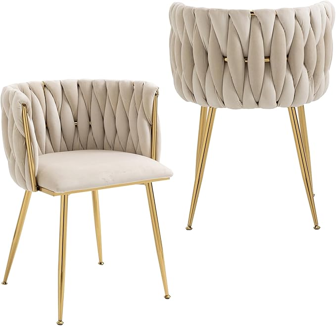 Bedroom Furniture Nrizc Nrizc Velvet Dining Chairs Set of 2, Woven Upholstered Dining Chairs with Gold Metal Legs, Modern Accent Chairs for Living Room, Dining Room, Kitchen